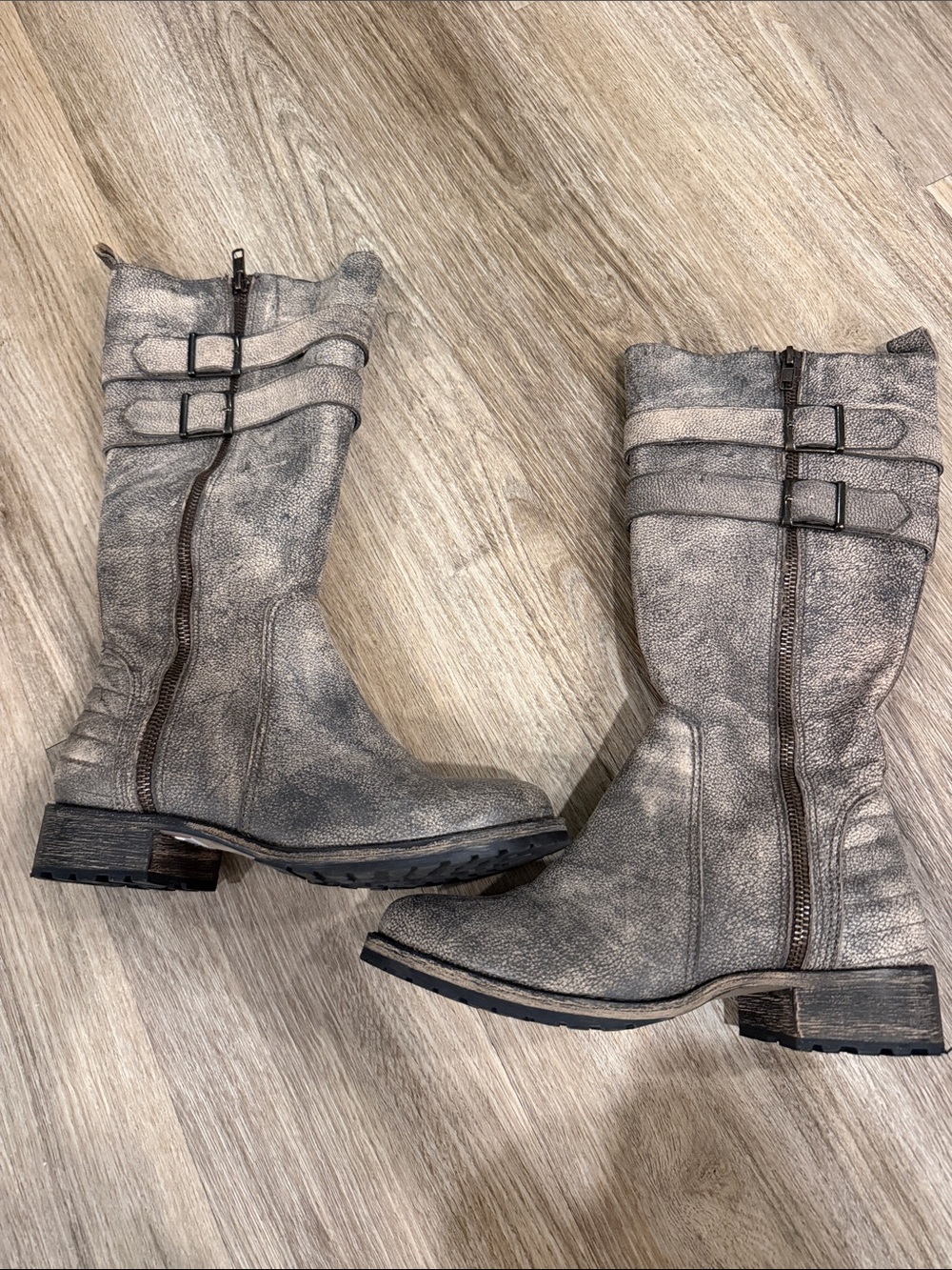 Matisse Gray Lace-Up Mid-Calf Buckle Boots